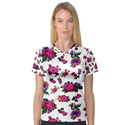 Crown Red Flower Floral Calm Rose Sunflower White Women s V-neck Sport Mesh Tee by Mariart