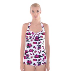 Crown Red Flower Floral Calm Rose Sunflower White Boyleg Halter Swimsuit  by Mariart