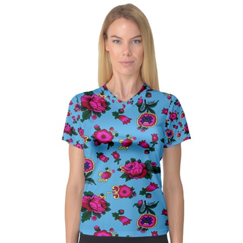 Crown Red Flower Floral Calm Rose Sunflower Women s V-neck Sport Mesh Tee by Mariart