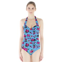 Crown Red Flower Floral Calm Rose Sunflower Halter Swimsuit by Mariart