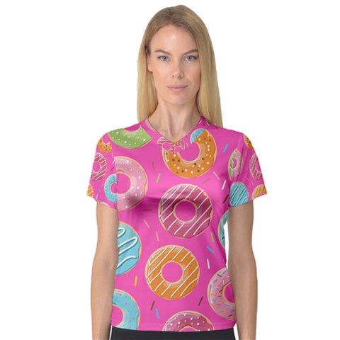 Doughnut Bread Donuts Pink Women s V-neck Sport Mesh Tee by Mariart