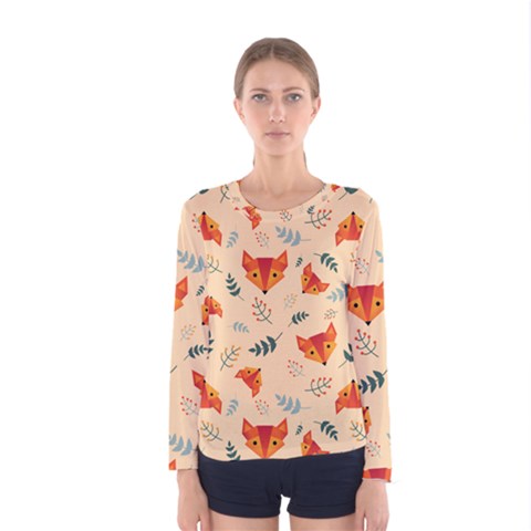 Foxes Animals Face Orange Women s Long Sleeve Tee by Mariart