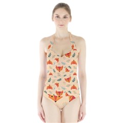 Foxes Animals Face Orange Halter Swimsuit by Mariart