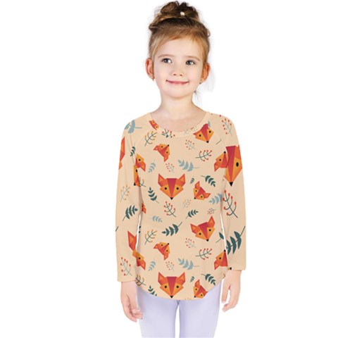 Foxes Animals Face Orange Kids  Long Sleeve Tee by Mariart