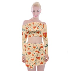 Foxes Animals Face Orange Off Shoulder Top With Skirt Set by Mariart