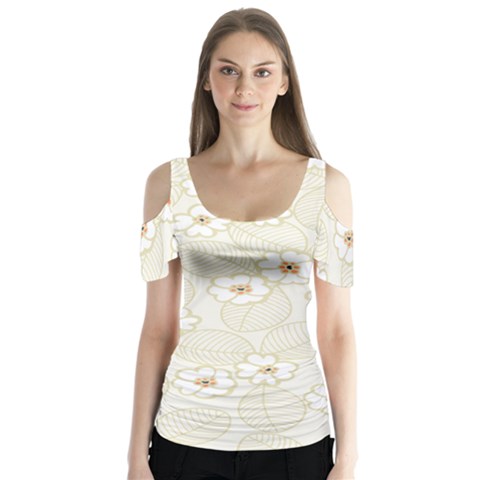 Flower Floral Leaf Butterfly Sleeve Cutout Tee  by Mariart