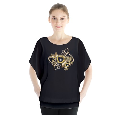 Black And Gold Hearts On Black Batwing Chiffon Blouse by WolfepawFractals