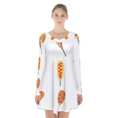 Hot Dog Buns Sate Sauce Bread Long Sleeve Velvet V-neck Dress by Mariart