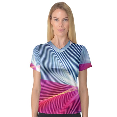 Light Means Net Pink Rainbow Waves Wave Chevron Red Women s V-neck Sport Mesh Tee by Mariart