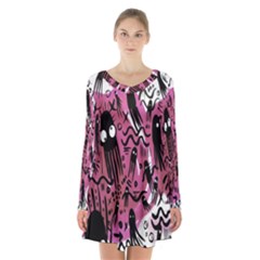 Octopus Colorful Cartoon Octopuses Pattern Black Pink Long Sleeve Velvet V-neck Dress by Mariart