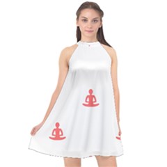 Seamless Pattern Man Meditating Yoga Orange Red Silhouette White Halter Neckline Chiffon Dress 