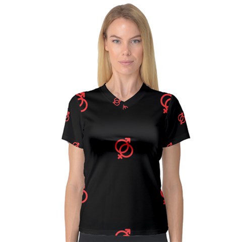 Seamless Pattern With Symbol Sex Men Women Black Background Glowing Red Black Sign Women s V-neck Sport Mesh Tee by Mariart