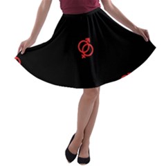 Seamless Pattern With Symbol Sex Men Women Black Background Glowing Red Black Sign A-line Skater Skirt by Mariart