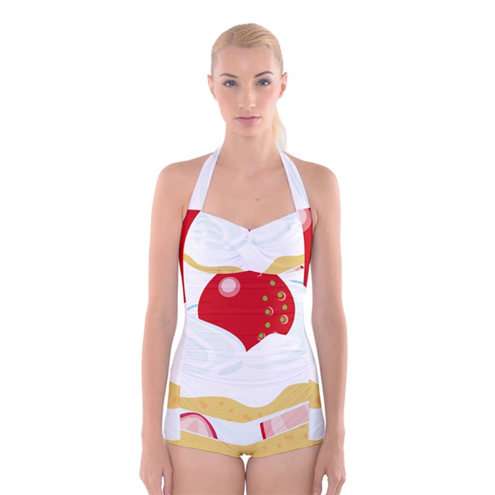 Seeds Strawberry Bread Fruite Red Boyleg Halter Swimsuit 