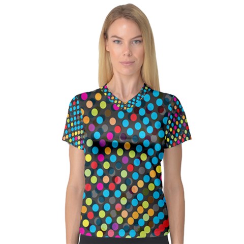 Polkadot Rainbow Colorful Polka Circle Line Light Women s V-neck Sport Mesh Tee by Mariart