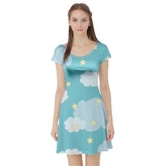 Stellar Cloud Blue Sky Star Short Sleeve Skater Dress by Mariart