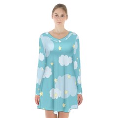 Stellar Cloud Blue Sky Star Long Sleeve Velvet V-neck Dress by Mariart