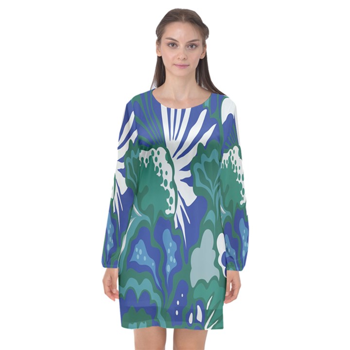 Tropics Leaf Bluegreen Long Sleeve Chiffon Shift Dress 