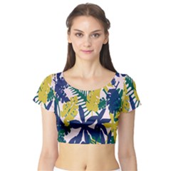 Tropics Leaf Yellow Green Blue Short Sleeve Crop Top (tight Fit)