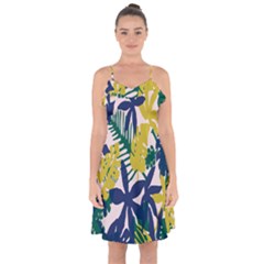 Tropics Leaf Yellow Green Blue Ruffle Detail Chiffon Dress