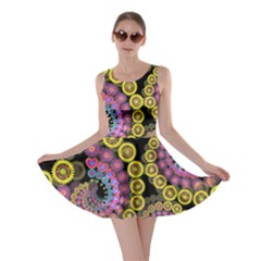 Spiral Floral Fractal Flower Star Sunflower Purple Yellow Skater Dress by Mariart