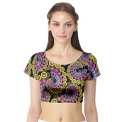 Spiral Floral Fractal Flower Star Sunflower Purple Yellow Short Sleeve Crop Top (tight Fit) by Mariart