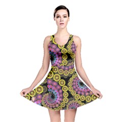 Spiral Floral Fractal Flower Star Sunflower Purple Yellow Reversible Skater Dress by Mariart