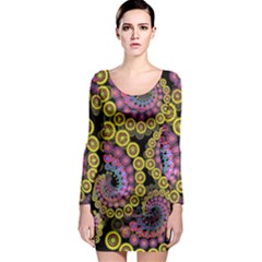 Spiral Floral Fractal Flower Star Sunflower Purple Yellow Long Sleeve Bodycon Dress by Mariart