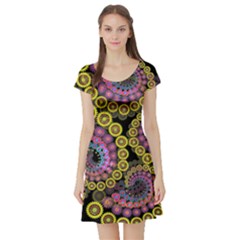 Spiral Floral Fractal Flower Star Sunflower Purple Yellow Short Sleeve Skater Dress by Mariart