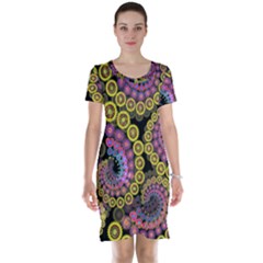 Spiral Floral Fractal Flower Star Sunflower Purple Yellow Short Sleeve Nightdress