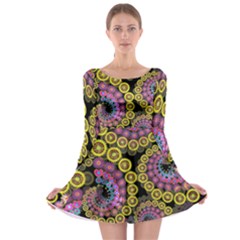 Spiral Floral Fractal Flower Star Sunflower Purple Yellow Long Sleeve Skater Dress by Mariart