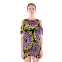 Spiral Floral Fractal Flower Star Sunflower Purple Yellow Shoulder Cutout One Piece by Mariart