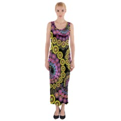 Spiral Floral Fractal Flower Star Sunflower Purple Yellow Fitted Maxi Dress by Mariart