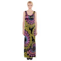 Spiral Floral Fractal Flower Star Sunflower Purple Yellow Maxi Thigh Split Dress by Mariart