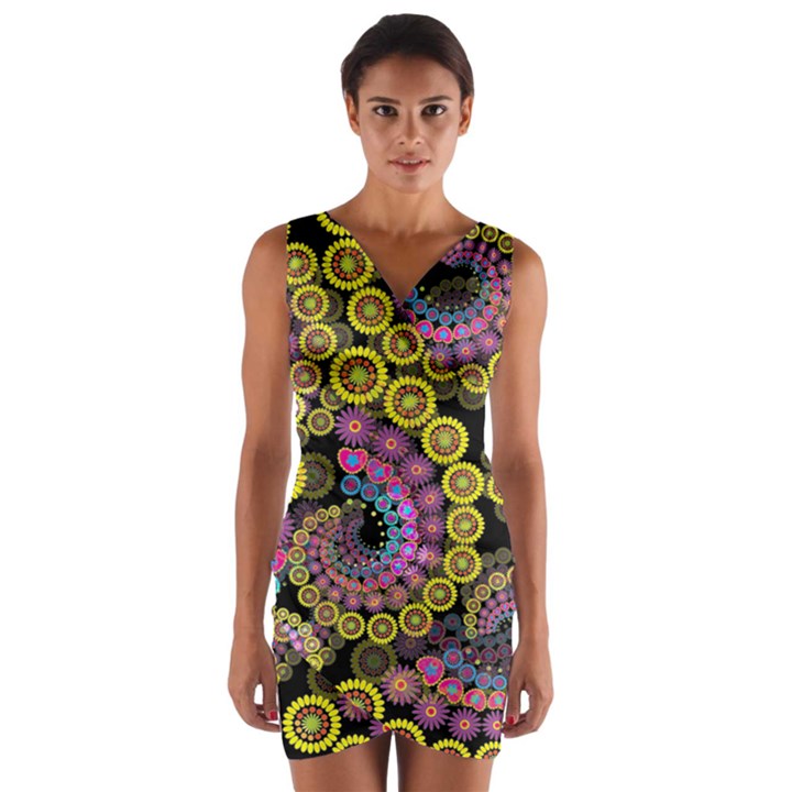 Spiral Floral Fractal Flower Star Sunflower Purple Yellow Wrap Front Bodycon Dress