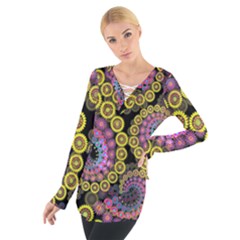 Spiral Floral Fractal Flower Star Sunflower Purple Yellow Women s Tie Up Tee by Mariart