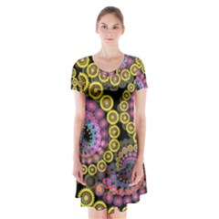 Spiral Floral Fractal Flower Star Sunflower Purple Yellow Short Sleeve V-neck Flare Dress by Mariart