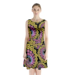 Spiral Floral Fractal Flower Star Sunflower Purple Yellow Sleeveless Waist Tie Chiffon Dress by Mariart