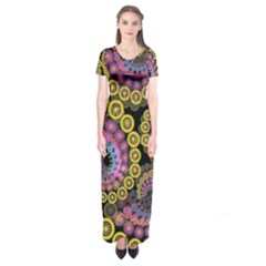 Spiral Floral Fractal Flower Star Sunflower Purple Yellow Short Sleeve Maxi Dress by Mariart