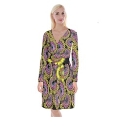 Spiral Floral Fractal Flower Star Sunflower Purple Yellow Long Sleeve Velvet Front Wrap Dress by Mariart