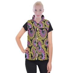 Spiral Floral Fractal Flower Star Sunflower Purple Yellow Women s Button Up Puffer Vest