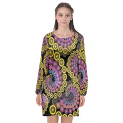 Spiral Floral Fractal Flower Star Sunflower Purple Yellow Long Sleeve Chiffon Shift Dress  by Mariart