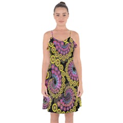 Spiral Floral Fractal Flower Star Sunflower Purple Yellow Ruffle Detail Chiffon Dress by Mariart