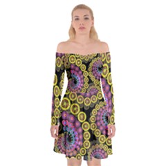 Spiral Floral Fractal Flower Star Sunflower Purple Yellow Off Shoulder Skater Dress by Mariart