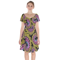 Spiral Floral Fractal Flower Star Sunflower Purple Yellow Short Sleeve Bardot Dress by Mariart