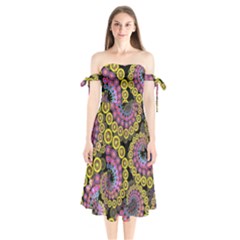 Spiral Floral Fractal Flower Star Sunflower Purple Yellow Shoulder Tie Bardot Midi Dress by Mariart