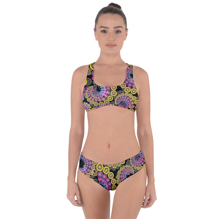 Spiral Floral Fractal Flower Star Sunflower Purple Yellow Criss Cross Bikini Set