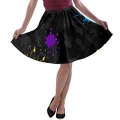 Black Camo Shot Spot Paint A-line Skater Skirt by Mariart