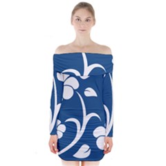 Blue Hawaiian Flower Floral Long Sleeve Off Shoulder Dress by Mariart