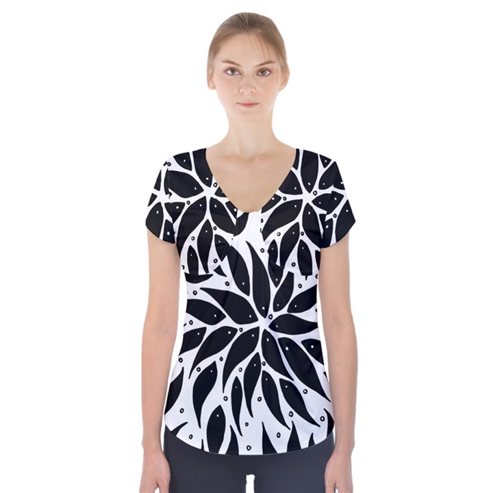 Flower Fish Black Swim Short Sleeve Front Detail Top